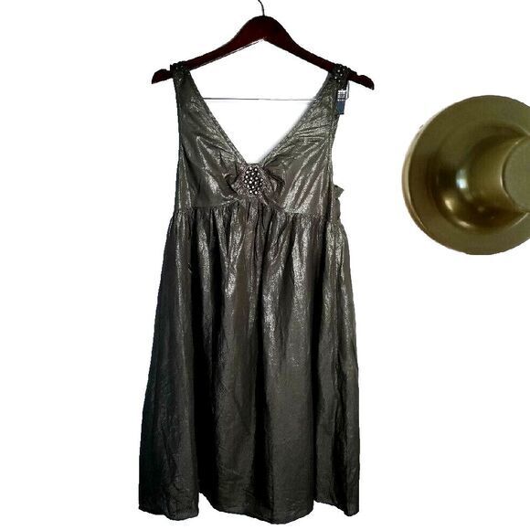 Adrianna Papell Beaded Front/ Back Straps Women 4 Olive Boho Beach Mini Dress - Picture 3 of 6